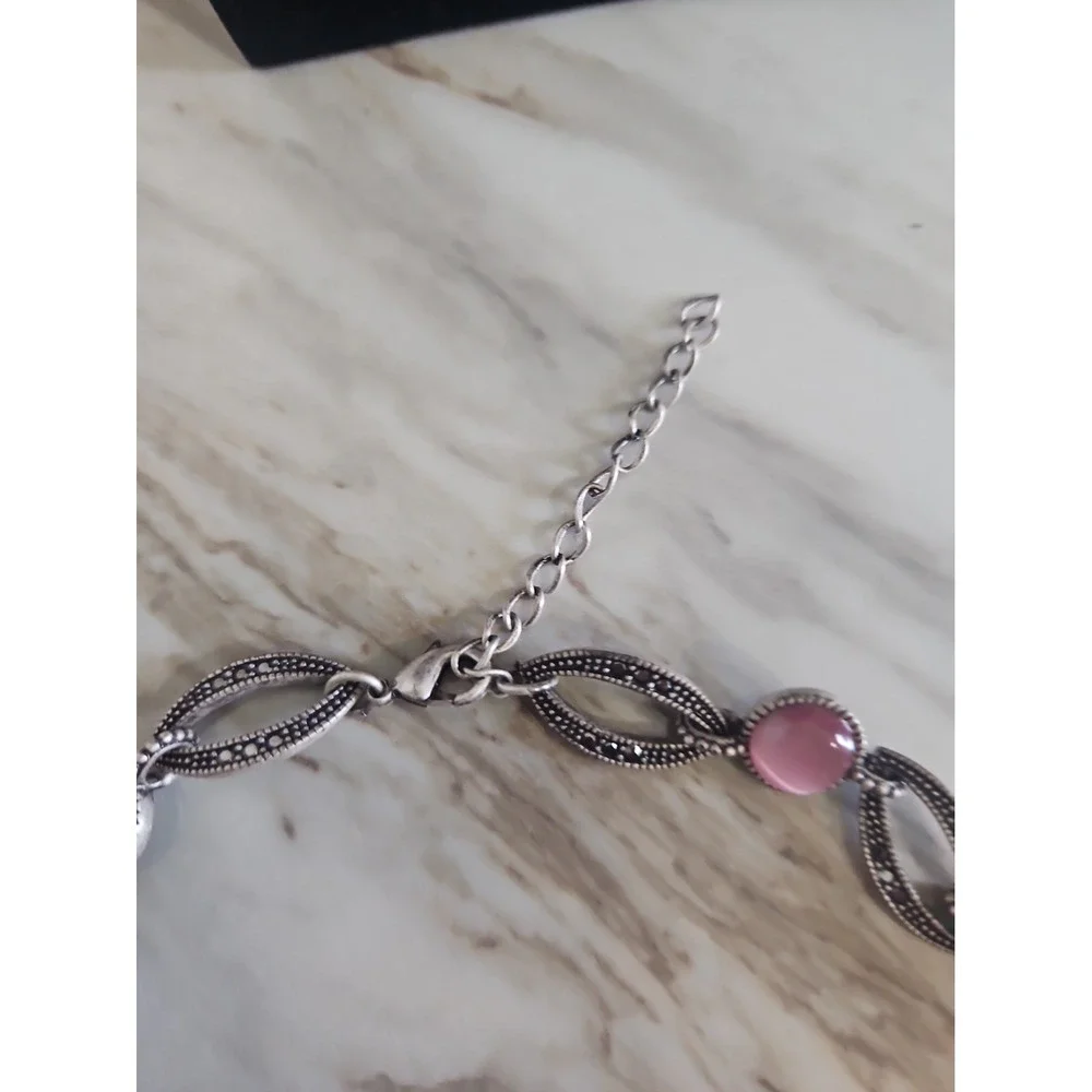 Vintage Pink Cats Eye Cabochon Marcasite Style Link Necklace 16in